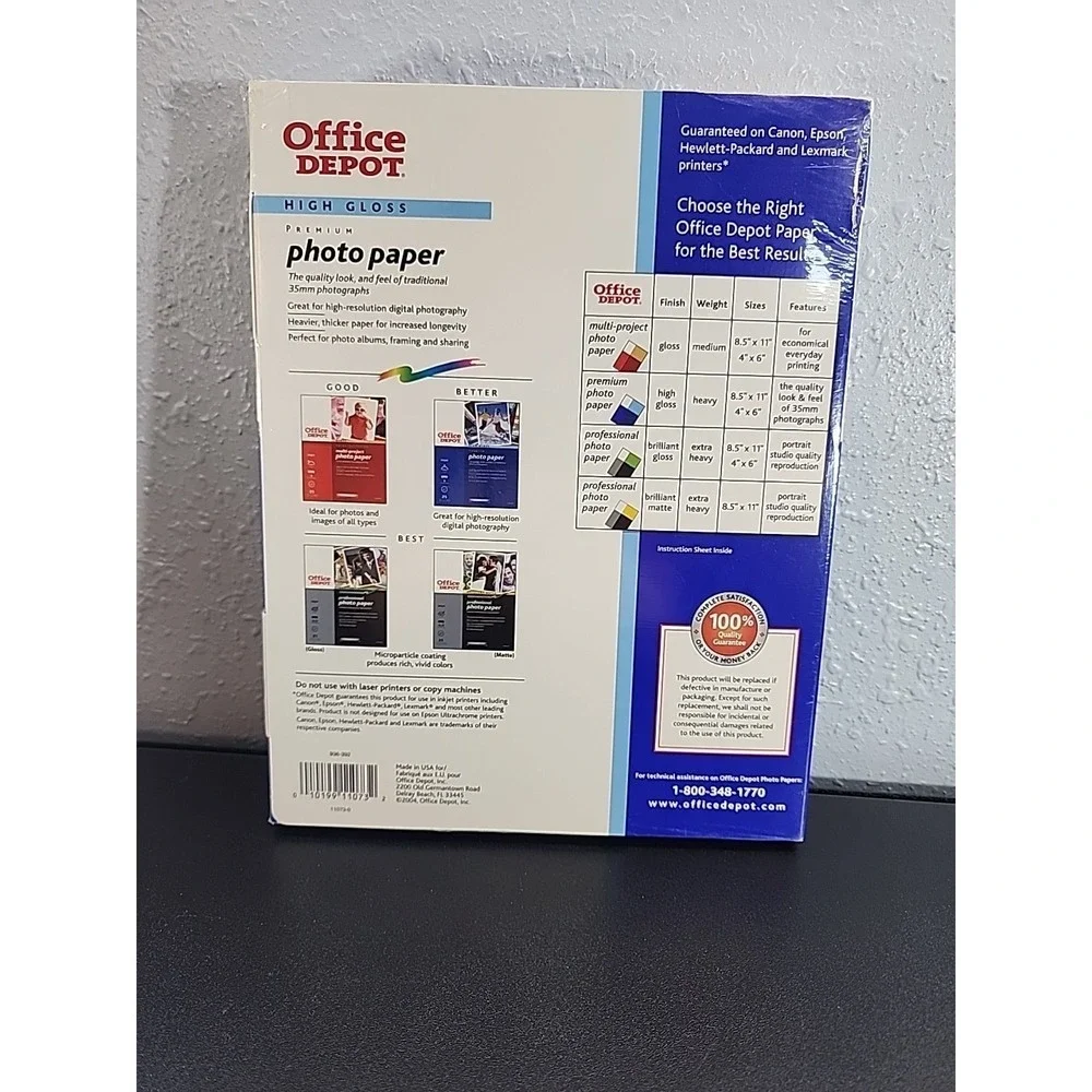 Photo Paper 100 Sheets‎ High Gloss Premium Office Depot Inkjet - Brand New